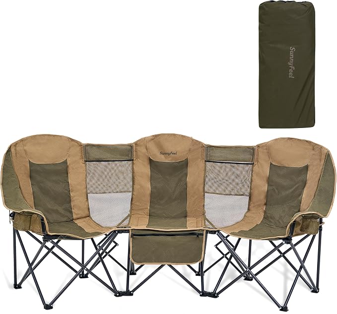 SUNNYFEEL 3 Person Camping Chair Oversized Loveseat for Adults | 1050LBS Heavy Duty Folding Couch with 2 Cup Holder Padded Headrest, Storage Pockets & Carry Bag for Camping/ Lawn/ Backyard