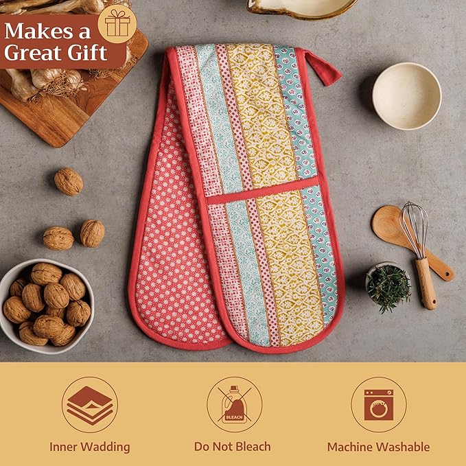 Maison d' Hermine Double Oven Mitts 100% Cotton 7"x35" Double Oven Mitt Heat Resistant BBQ Cooking Gloves with Loop Baking Grilling Kitchen Hotel Home Farmhouse Spring Summer (Provence)