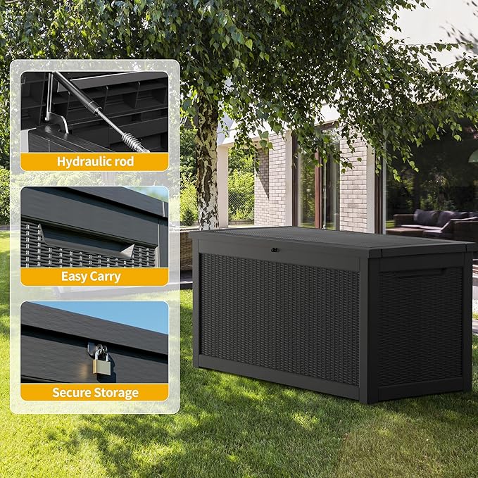 320 Gallon Outdoor Storage Box, Extra Large Waterproof Resin Deck Box with Lockable Lid Storage Bin for Patio Furniture Cushion, Garden Tools, Pool Accessories, UV-Resistant Outside, Black