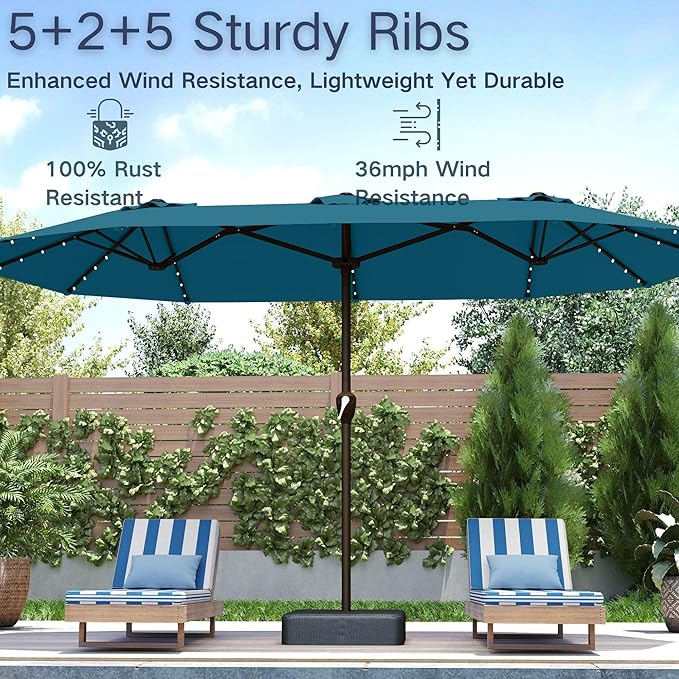 Kingdura 15ft Large Patio Umbrella with Solar Lights, Double-Sided Rectangle Outdoor Table Umbrella with Base Included, 12 Reinforced Ribs, 48 Led Lights, Crank Lift for Market Pool Deck, Lake blue