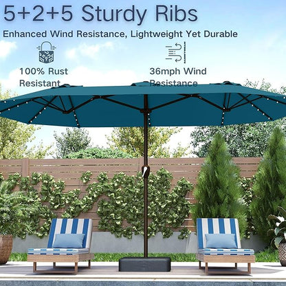 Kingdura 15ft Large Patio Umbrella with Solar Lights, Double-Sided Rectangle Outdoor Table Umbrella with Base Included, 12 Reinforced Ribs, 48 Led Lights, Crank Lift for Market Pool Deck, Lake blue