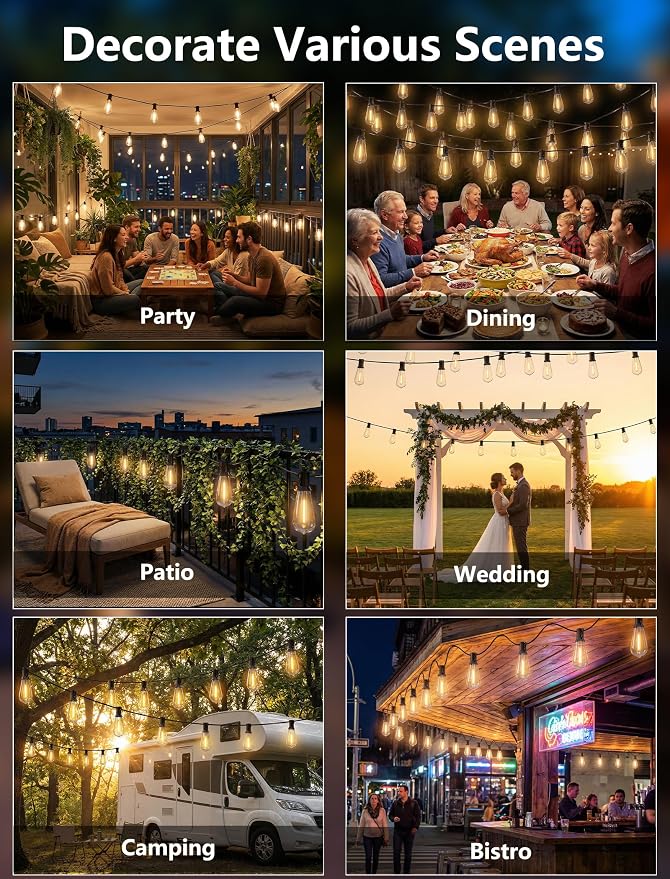 Oviejo 20Ft LED Outdoor String Lights with 22 ST40 LED Shatterproof Bulbs | Waterproof Edison Patio String Lights for Outside Deck Camp Backyard Pergola Party, E17 Base, 2700K Dimmable