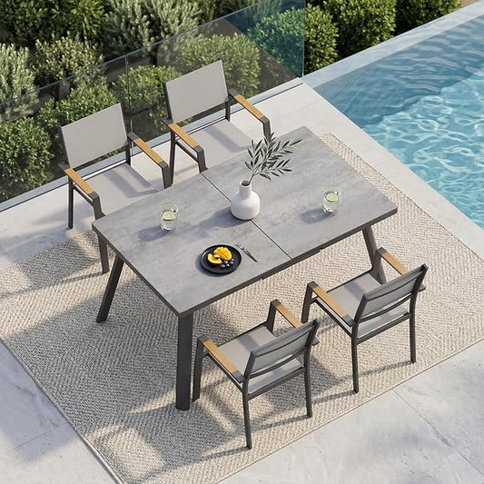 RoyalCraft 5-Piece Outdoor Dining Set with Adjustable Length Dining Table, 75" L×36" W Expandable Patio Table and Chairs Set for 4, Aluminum Stackable Chairs with Quick Drying Fabric for Porch, Grey