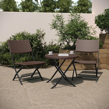 Flash Furniture Rouen Commercial Grade Folding Bistro Set, Indoor/Outdoor PE Rattan Table Top, Back and Seat, Black Steel Frames, 3 Piece Set, Brown/Black