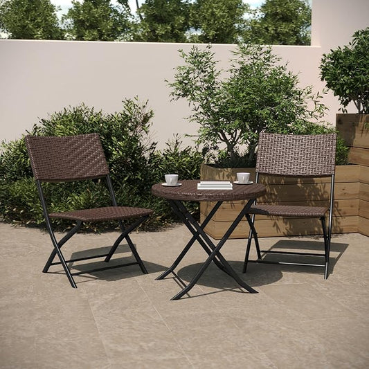 Flash Furniture Rouen Commercial Grade Folding Bistro Set, Indoor/Outdoor PE Rattan Table Top, Back and Seat, Black Steel Frames, 3 Piece Set, Brown/Black