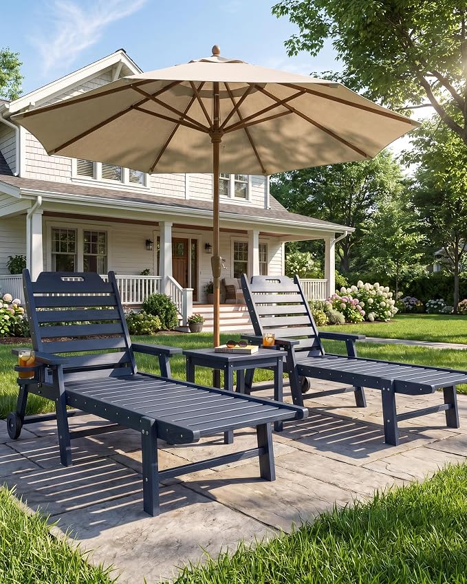 2 Pack HDPE Lounge Chair Outdoor with Cup Holder & 5-Position Backrest | All-Weather & Wood Textured for Patio Poolside Deck Backyard, Navy Blue
