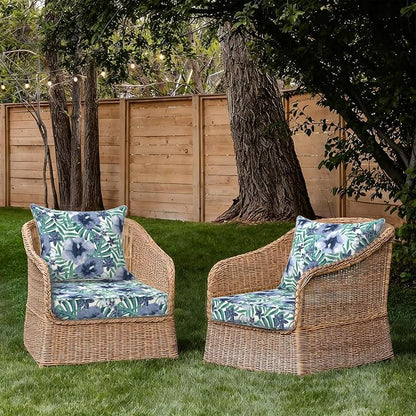 DYTXIII Outdoor Deep Seat Cushion Set, Water Repellent 24"x24" Patio Thick Cushions Replacement with Seat & Back Pillow for Patio Sofa, Wicker Chair, Couch - Blue Salmone Tropical
