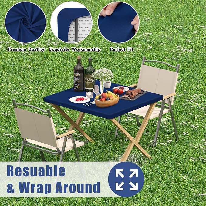 Moosfor 2 Pack Square Spandex Fitted Table Cloth, Elastic Tablecloth | Washable Picnic Table Cover, Stretch Waterproof Table cloths for Party, Patio, Dining, Kitchen, 34" x 34", Navy