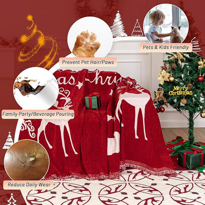 MYSKY HOME Christmas Couch Cover for Sofa Couch Covers for Pets, Non Slip Dogs Furniture Protector with Tassels for Living Room Non Slip Washable Furniture Protector Cover for Pet, Cat, 71"x118", Red