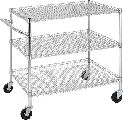 Finnhomy 3 Tier Heavy Duty Commercial Grade Utility Cart, Wire Rolling Cart with Handle Bar, Steel Service Cart with Wheels, Kitchen Carts on Wheels, Metal Cart Shelf Size 24" D x 36" W, NSF, Chrome