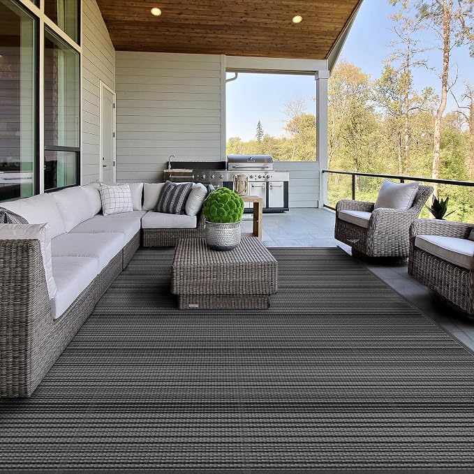 GENIMO Outdoor Rug, Waterproof Plastic Rugs for Patio, 6'x9' Light Grey | Outside Larger Modern Carpet Mat for Porch Decor, Deck, Balcony, Camping, RV, Backyard, Picnic, Beach, Reversible, Foldable