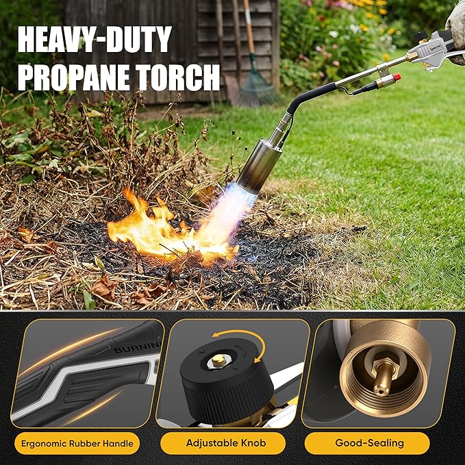 Propane Torch Weed Burner Heavy Duty-340,000 BTU Weed Torch with 2 Extension Modes, Piezo Trigger(Self Igniting)&12.5ft Hose, Multi-Fuel Compatible(1lb-100lb) for Weeds, Ice Melting, Roofing