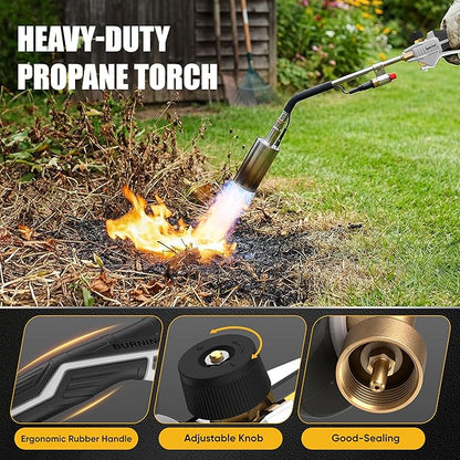 Propane Torch Weed Burner Heavy Duty-340,000 BTU Weed Torch with 2 Extension Modes, Piezo Trigger(Self Igniting)&12.5ft Hose, Multi-Fuel Compatible(1lb-100lb) for Weeds, Ice Melting, Roofing