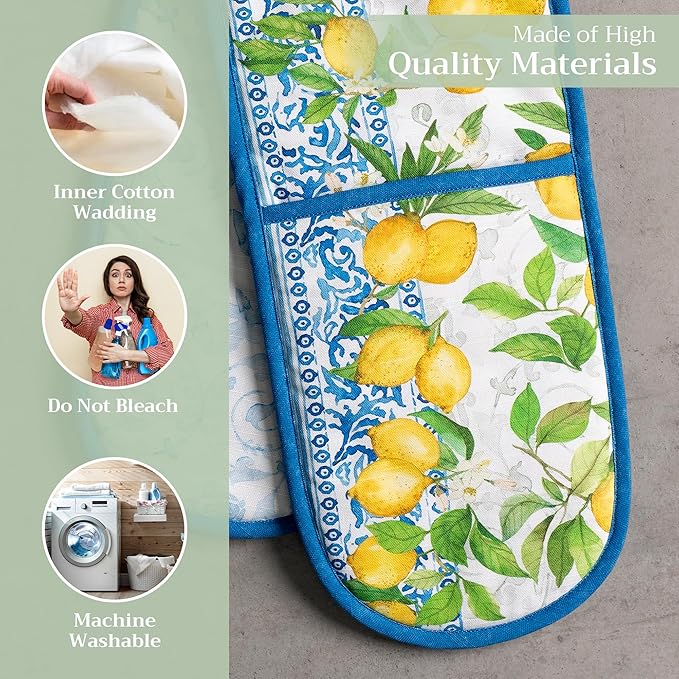Maison d' Hermine Double Oven Mitts 100% Cotton 7"x35" Double Oven Mitt Heat Resistant BBQ Cooking Gloves with Loop Baking Grilling Kitchen Hotel Home Farmhouse Spring Summer (Cedrat)