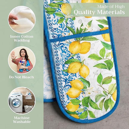 Maison d' Hermine Double Oven Mitts 100% Cotton 7"x35" Double Oven Mitt Heat Resistant BBQ Cooking Gloves with Loop Baking Grilling Kitchen Hotel Home Farmhouse Spring Summer (Cedrat)