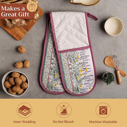 Maison d' Hermine Double Oven Mitts 100% Cotton 7"x35" Double Oven Mitt Heat Resistant BBQ Cooking Gloves with Loop Baking Grilling Kitchen Hotel Home Farmhouse Spring Summer (Fanny Lavender)