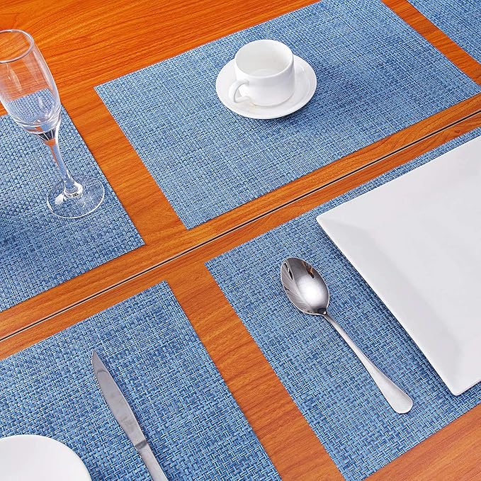Zupro Placemats Set of 4 for Kitchen Dining Table Washable Braided Table Mats Heat-Resistant Placemats Non-Slip Woven PVC Vinyl Place Mats for Everyday use or Holidays Dinner BBQs 18"x12" (Hemp Blue)