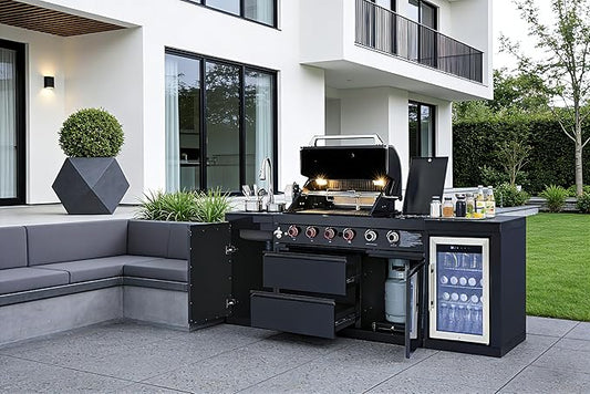 Black 4-Burner 72000 BTU Stainless Steel Propane Gas Outdoor Kitchen Island Grill with Single-Door Refrigerator, Pull-Out Sink & Storage Cabinets | for Patio, Backyard BBQ
