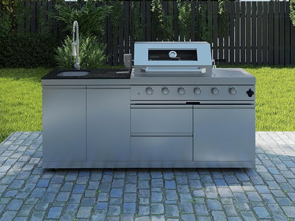 79" Modular Outdoor Kitchen with 4 Burners 72,000 BTU Propane Grill,Rotisserie Oven,Side Burner,Sink & Marble Countertop.Gas Grill for Backyard and Patio.(Propane)