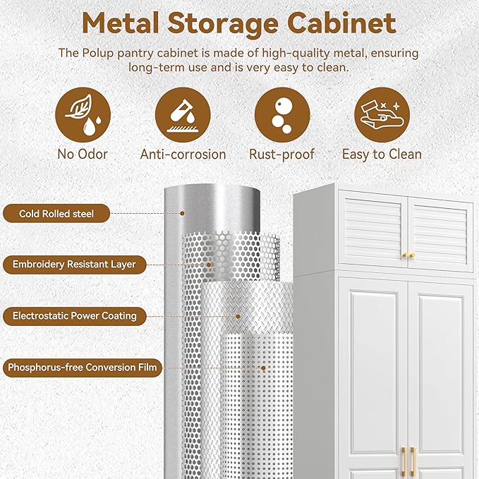 Polup 90" Tall Metal Storage Cabinet with Doors and Shelves, Heavy Duty Steel Kitchen Pantry Cabinet, Freestanding White Storage Cabinet for Garage, Laundry Room, Office, Dining Living Room