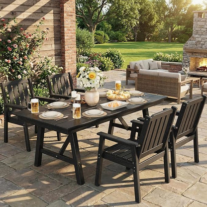 Garvee Outdoor Patio Dining Table for 4-6, 66.9" Long Outdoor HDPE Garden Dining Table with Umbrella Hole, Aluminum Frame, Triangular Legs, Waterproof, All-Weather for Backyard, Poolside, Black