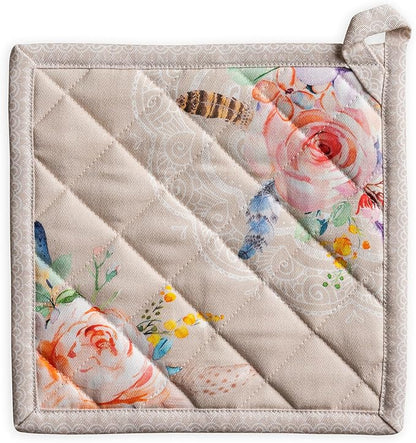 Maison d' Hermine Pot Holders 100% Cotton Heat Resistant Potholders 8" x 8" Hot Pads with Loop BBQ Cooking Baking Hotel Farmhouse Kitchen Handling Hot Pans Spring Summer (Pack of 1, Ibiza - Beige)
