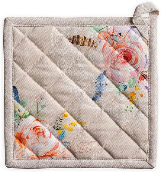 Maison d' Hermine Pot Holders 100% Cotton Heat Resistant Potholders 8" x 8" Hot Pads with Loop BBQ Cooking Baking Hotel Farmhouse Kitchen Handling Hot Pans Spring Summer (Pack of 1, Ibiza - Beige)