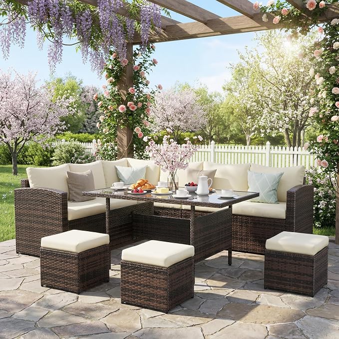 Wisteria Lane 7 Piece Patio Furniture Set, Patio Sectional for All Weather | Wide Armrest Outdoor Furniture Dining Set, Wicker Patio Sofa, Patio Conversation Sets with Ottoman for Porch, Light Brown