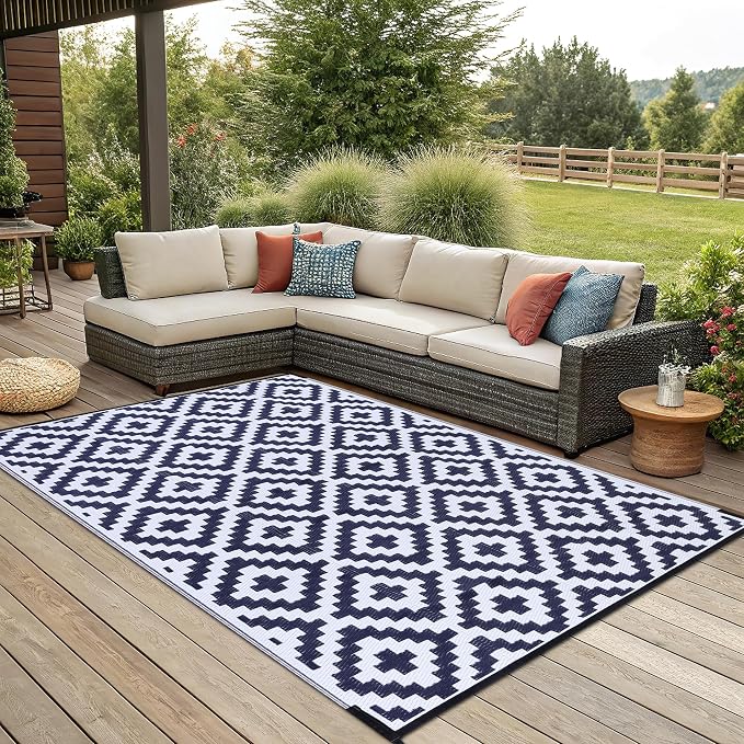Smiry Outdoor Rug 6x9 ft Waterproof Reversible Boho Mat, White & Navy | Polypropylene Plastic Straw, Quick Drying, Lightweight Foldable, for Patio, Deck, RV Camping, Backyard and Indoor Outdoor Use