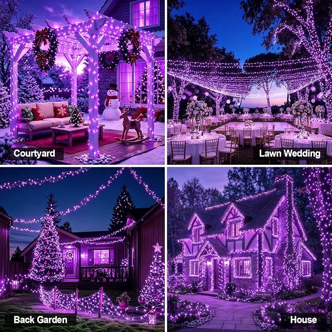 Solar String Lights 2 Pack Total 66FT 200LED Solar Fairy Lights Outdoor Waterproof 8 Lighting Modes Twinkle Lights for Patio, Garden Yard Party Wedding Tree Christmas Halloween Decoration, Purple