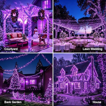 Solar String Lights 2 Pack Total 66FT 200LED Solar Fairy Lights Outdoor Waterproof 8 Lighting Modes Twinkle Lights for Patio, Garden Yard Party Wedding Tree Christmas Halloween Decoration, Purple