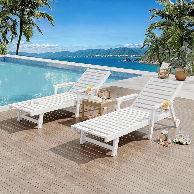 Garvee Lounge Chair Outdoor Set of 2 with Wheels & 5-Position Adjustable Backrest, Oversized Chaise Lounge with 2 Move Handle, HDPE Lounge Chair w/Detachable Cup Holder, for Patio, Pool,White