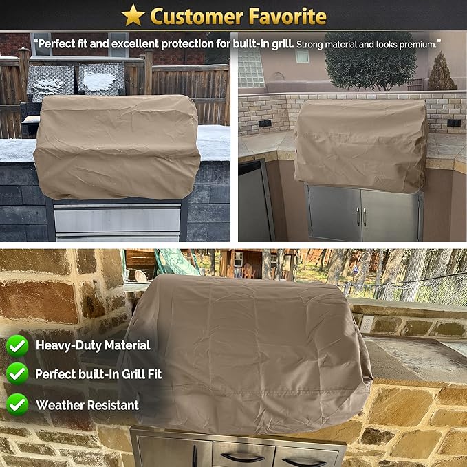 Covers & All Built-in Grill Cover for Outdoor Grill – Heavy Duty 12 oz Waterproof Built-in BBQ Grill Cover, PVC-Coated Polyester with Elastic Hem for Snug Fit (48 x 27 x 26 inches, Beige)