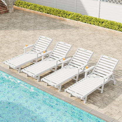 Garvee Lounge Chair Outdoor Set of 4 with Wheels & 5-Position Adjustable Backrest, Oversized Chaise Lounge with 2 Move Handle, HDPE Lounge Chair w/Detachable Cup Holder, for Patio, Pool,White