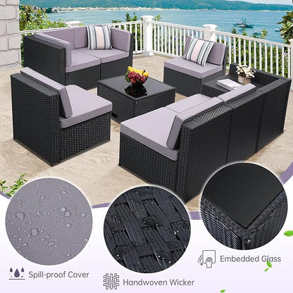KROFEM 8-Piece Patio Furniture Set, Outdoor Wicker Rattan Sectional with Thick Cushions, Glass Top Table with Hidden Storage, Outdoor Conversation Set for Backyard, Porch, Patio, Black and Grey