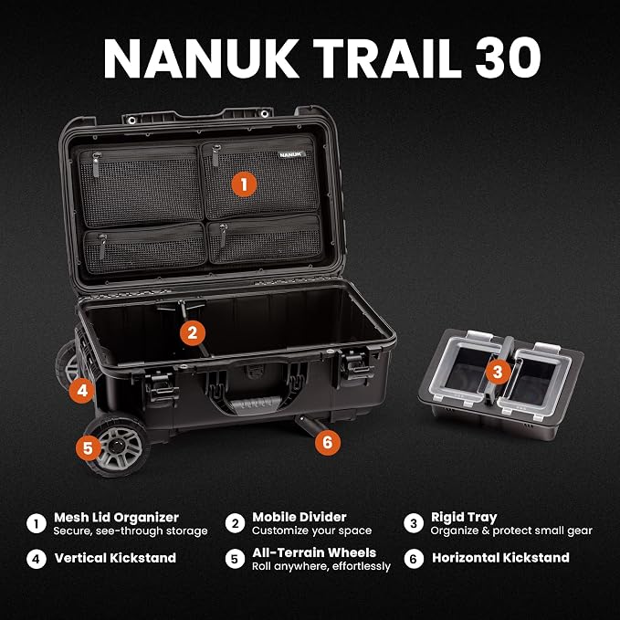 NANUK Trail 30 – 28.5L (7.5-Gallon) Waterproof Storage Box – Wheeled and Modular Cargo Case for Camping, Fishing, Hunting & Outdoor Storage - Dustproof and Impact Resistant (22" x 14" x 9") – Black