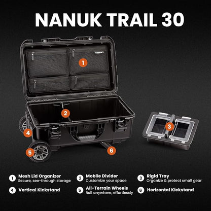 NANUK Trail 30 – 28.5L (7.5-Gallon) Waterproof Storage Box – Wheeled and Modular Cargo Case for Camping, Fishing, Hunting & Outdoor Storage - Dustproof and Impact Resistant (22" x 14" x 9") – Black