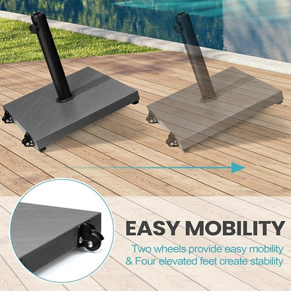 Patio Umbrella Base with Wheels, 43lbs Outdoor Umbrella Stand | With 2 Wheels, Square Heavy Duty Base, Suitable for 6-12FT Most Market Umbrella, for Deck, Lawn, Poolside