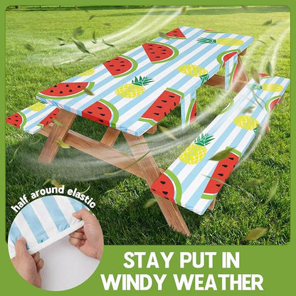 Picnic Table Cover with Bench Covers Waterproof Elastic Rectangle Tablecloth Camper Essentials Supplies Rv Car Travel Gear Must Haves Accessories Fitted Table Cloth Outdoor Road Trip Camping Gifts 6ft