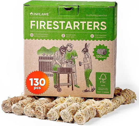 Inflame Fire Starters 130 pcs - Fire Starters for Campfires, Charcoal, Grill, BBQ, Fireplace, Chimney, Woodstove - Waterproof, Weather-Resistant - Natural Wood Starters