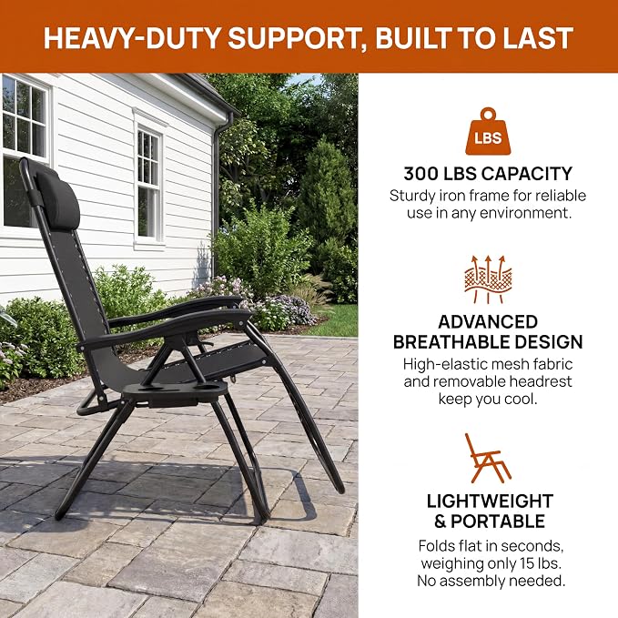 Adjustable Folding Lounge Chair, Portable Camping Chair for Adults with Headrest, Reclining Outdoor Chair with Removable Tray, Foldable Low Beach Chair for Camping, Picnic, Travel, Black
