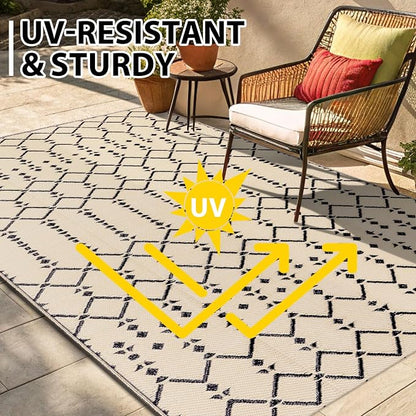 Smiry Outdoor Rug 5x8 ft Waterproof Reversible Boho Mat, Beige | Polypropylene Plastic Straw, Quick Drying, Lightweight Foldable, for Patio, Deck, RV Camping, Backyard and Indoor Outdoor Use