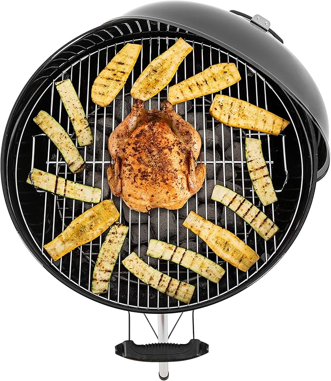 Weber Original Kettle E-5710 Charcoal Barbecue/Porcelain-Enamelled Lid & Bowl, 57 cm Cooking Surface, One-Touch Cleaning System, Lid Thermometer, Tripod Stand and Wheels, Black