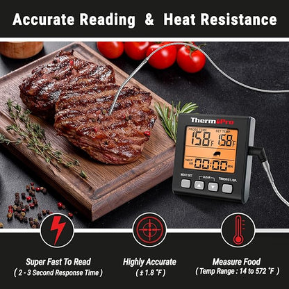 ThermoPro TP16SW Digital Meat Thermometer for Cooking and Grilling, BBQ Food Thermometer with Backlight and Kitchen Timer, Grill Temperature Probe Thermometer for Smoker, Barbecue, Oven, Black