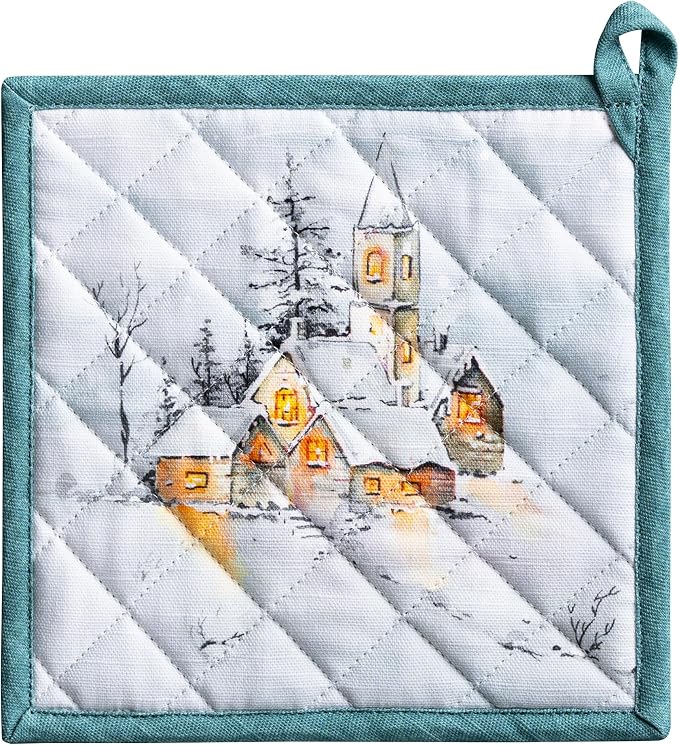 Maison d' Hermine Pot Holders 100% Cotton Potholders (8" x 8", Pack of 1) | Heat Resistant Hot Pads with Loop BBQ Cooking Baking Hotel Kitchen Handling Hot Pans Thanksgiving Christmas - Neige de Noel
