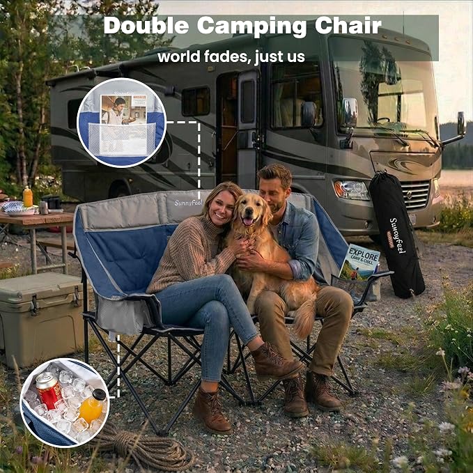SunnyFeel Double Camping Loveseat Chair, Blue-Cooler, Foldable, Portable, Space Saving, Side Pocket, Cup Holders | 600LBS Heavy Duty Padded Camping Couch with Cup Holder, Cooler, Storage Pockets & Carry Bag for Outdoor/ Lawn/ Backyard