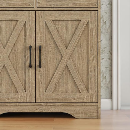 Panana Sideboard 2 Drawers 2 Doors Entryway Storage Cabinet Living Room Organizer Farmhouse Style Wooden Kitchen Cupboard (Nature)