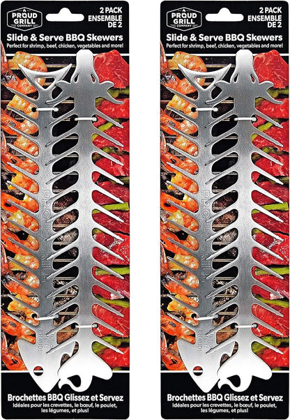 Proud Grill Slide & Serve BBQ Skewers, Grilling Accessories, 12", Set of 4 | Reusable Stainless-Steel Barbecue Skewers, Ideal for Shish Kabobs, Beef, Pork, Chicken, Shrimp & Vegetables, BBQ Tool Sets