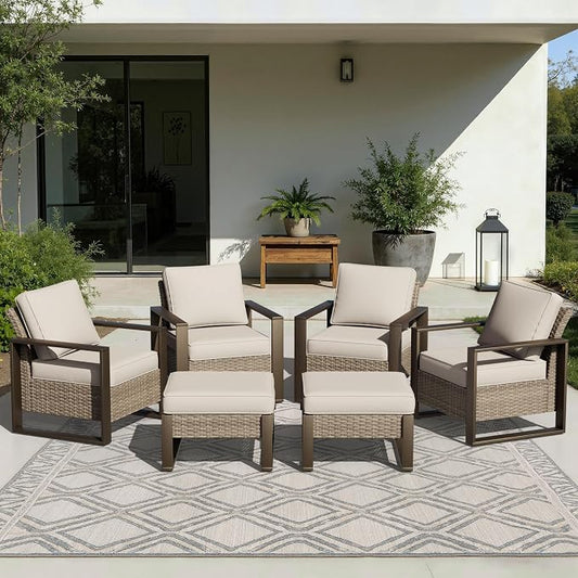 Joyside Outdoor Patio Chairs, 6 Pieces Wicker Rattan Furniture Set, 4 Patio Chairs and 2 Ottoman, Metal Wide Armrest, Thick Cushions and Deep Seating for Garden, Backyard, Porch, Deck