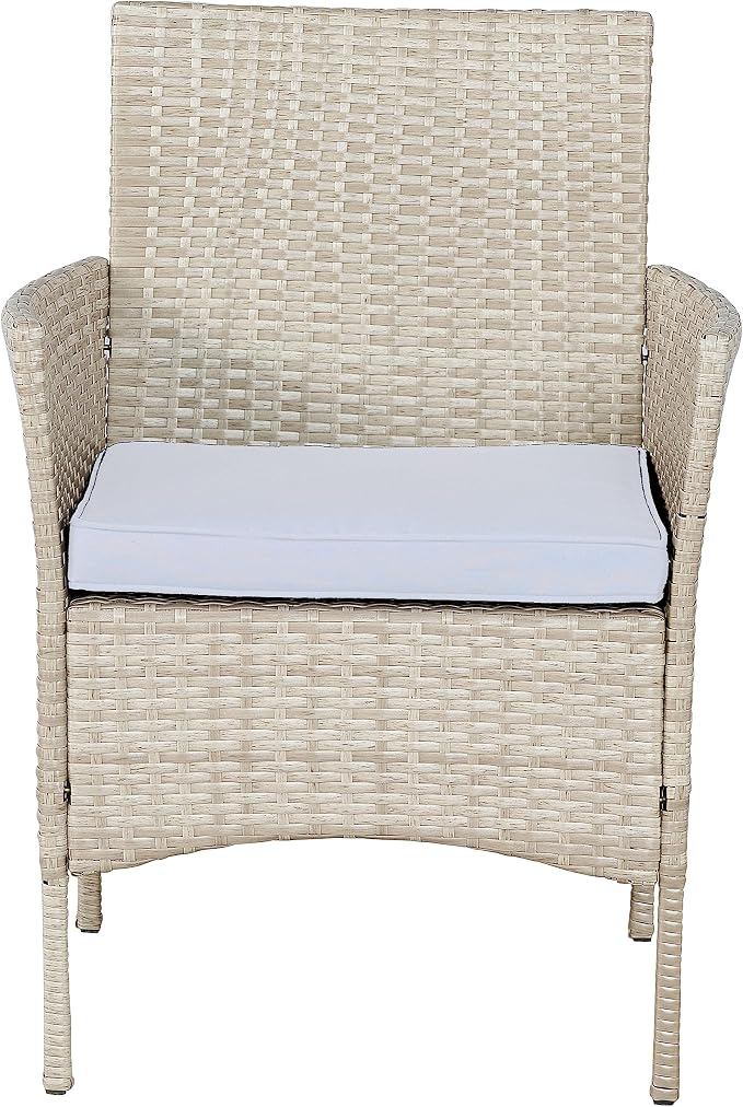 Outdoor Wicker Conversation 3 Piece Bistro Set Garden Patio Yard Porch Furniture Space Saving Pe Rattan 2 Chairs Cushions Side Storage Glass Table Gray/Cream 3pc
